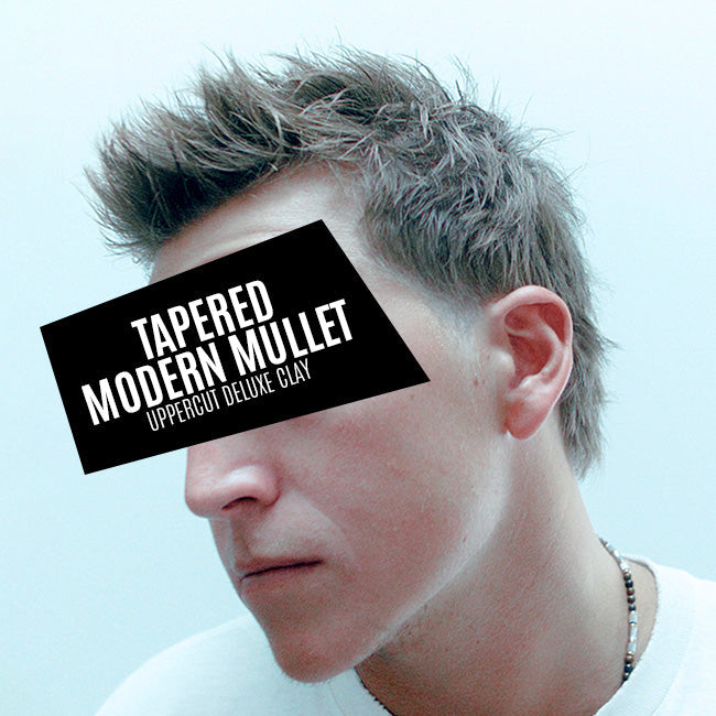 Man with Tapered Modern Mullet, text overlay over his eyes