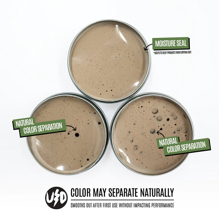 Three Matte Pomade tins are arranged in a triangle on a white background, each with a green label pointing to it. Text at the bottom reads 'COLOUR MAY SEPARATE NATURALLY' with a UD logo.