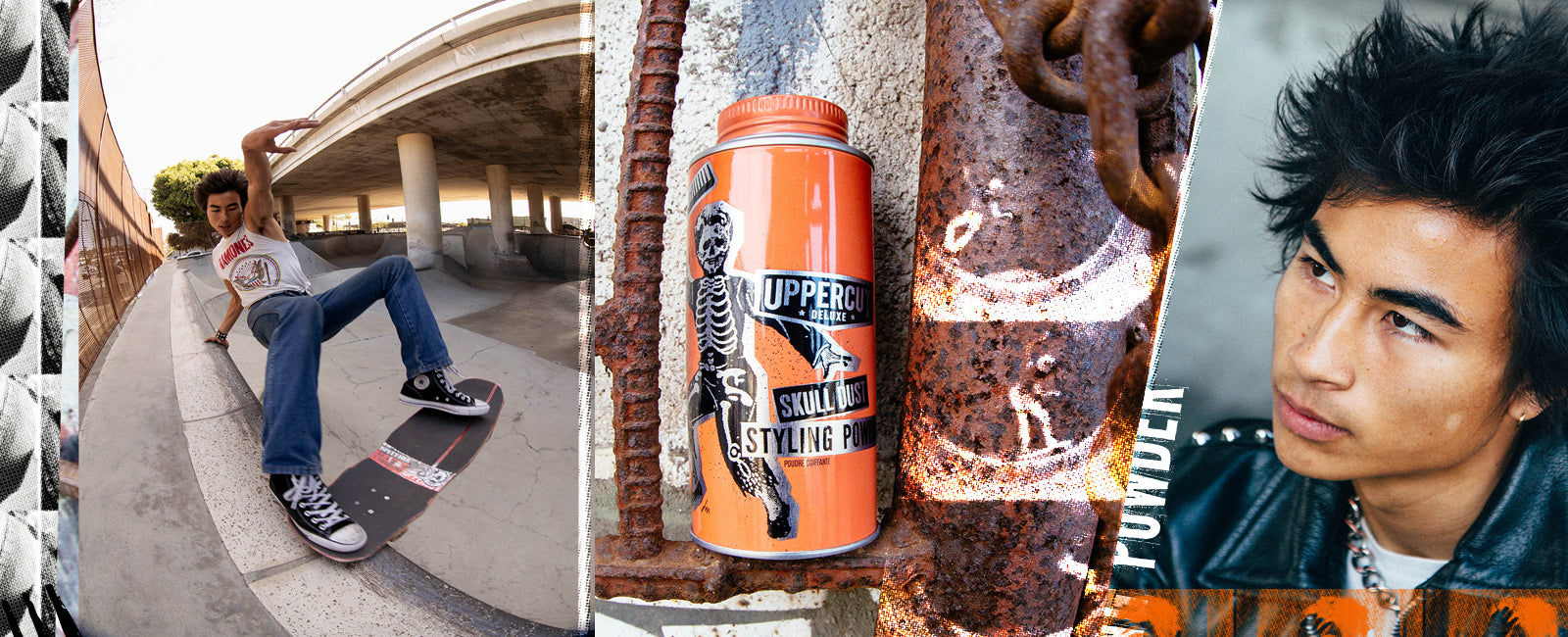 Collage of pictures featuring Skull Dust Styling Powder and Shaw Collins skateboarding