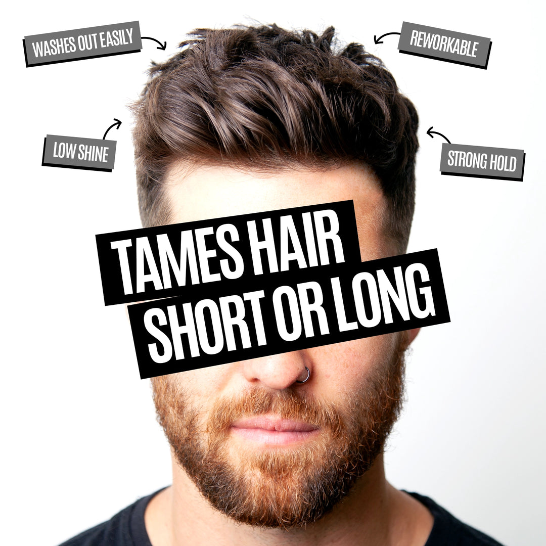 A man's face with styled medium-length brown hair, shown against a plain white background with text callouts describing hair characteristics: 'WASHES OUT EASILY,' 'LOW SHINE,' 'REWORKABLE,' and 'STRONG HOLD.' Large overlaid text reads 'TAMES HAIR SHORT OR LONG.