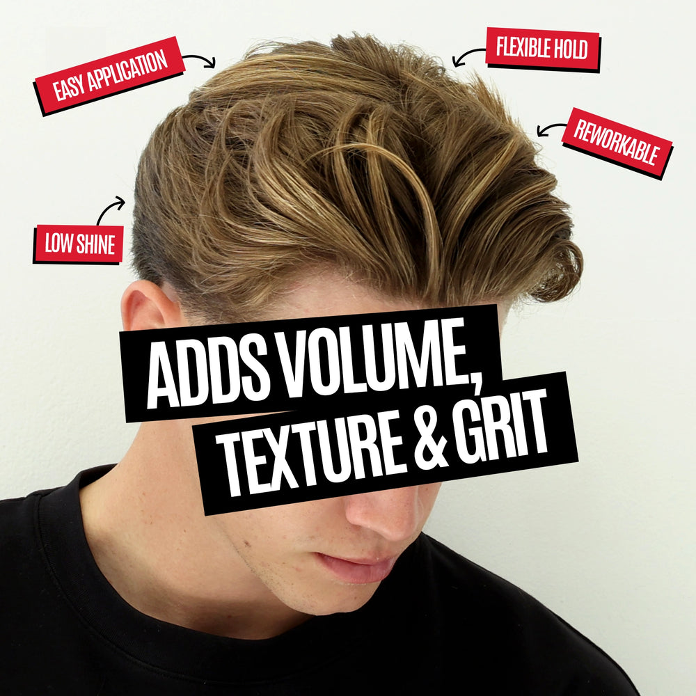 A close-up of a person's styled hair showing a textured, voluminous look with highlighted blonde-brown tones. Red callout labels around the hair say 'EASY APPLICATION', 'FLEXIBLE HOLD', 'REWORKABLE', and 'ADDS VOLUME, TEXTURE & GRIT'.