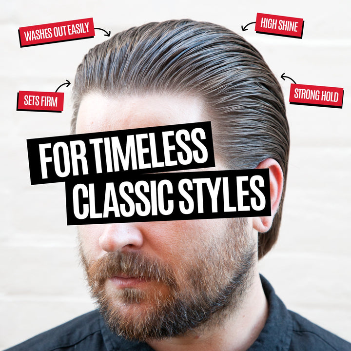 A close-up of a man's styled hair with a beard, showing a classic slicked-back look. Red text labels point to the hair with claims like 'WASHES OUT EASILY,' 'SETS FIRM,' 'HIGH SHINE,' and 'STRONG HOLD.
