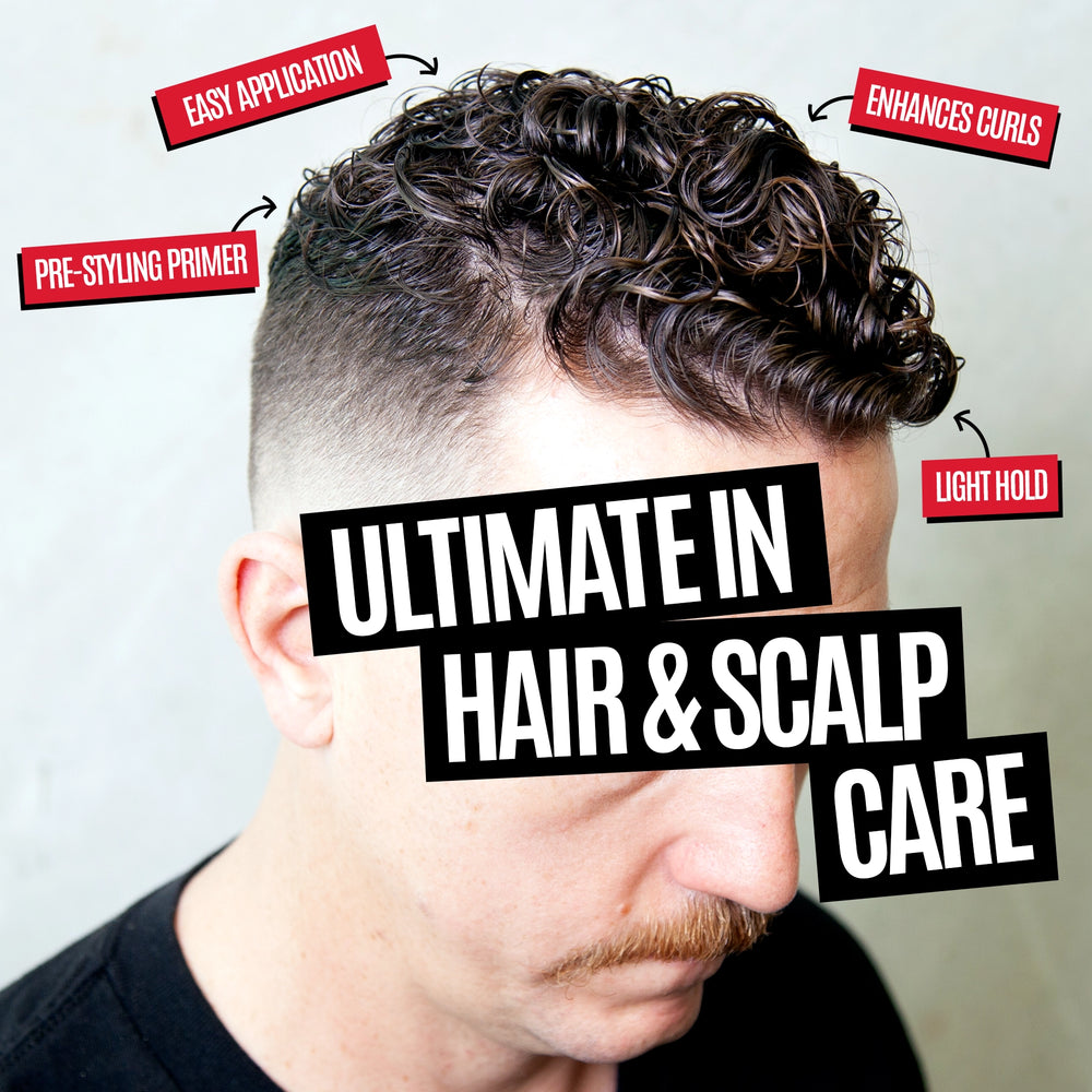 A man shown from the side and back with styled dark curly hair and a clean fade haircut, overlaid with promotional text badges reading 'ULTIMATE IN HAIR & SCALP CARE' plus callout labels such as 'EASY APPLICATION,' 'PRE-STYLING PRIMER,' 'ENHANCES CURLS,' and 'LIGHT HOLD.'