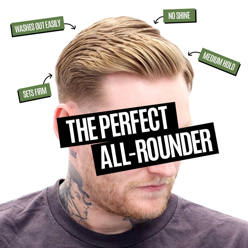 A man's head and neck shown in profile with styled light brown hair, overlaid with text badges reading 'THE PERFECT ALL-ROUNDER' and feature callouts like 'WASHES OUT EASILY', 'NO SHINE', and 'MEDIUM HOLD'.