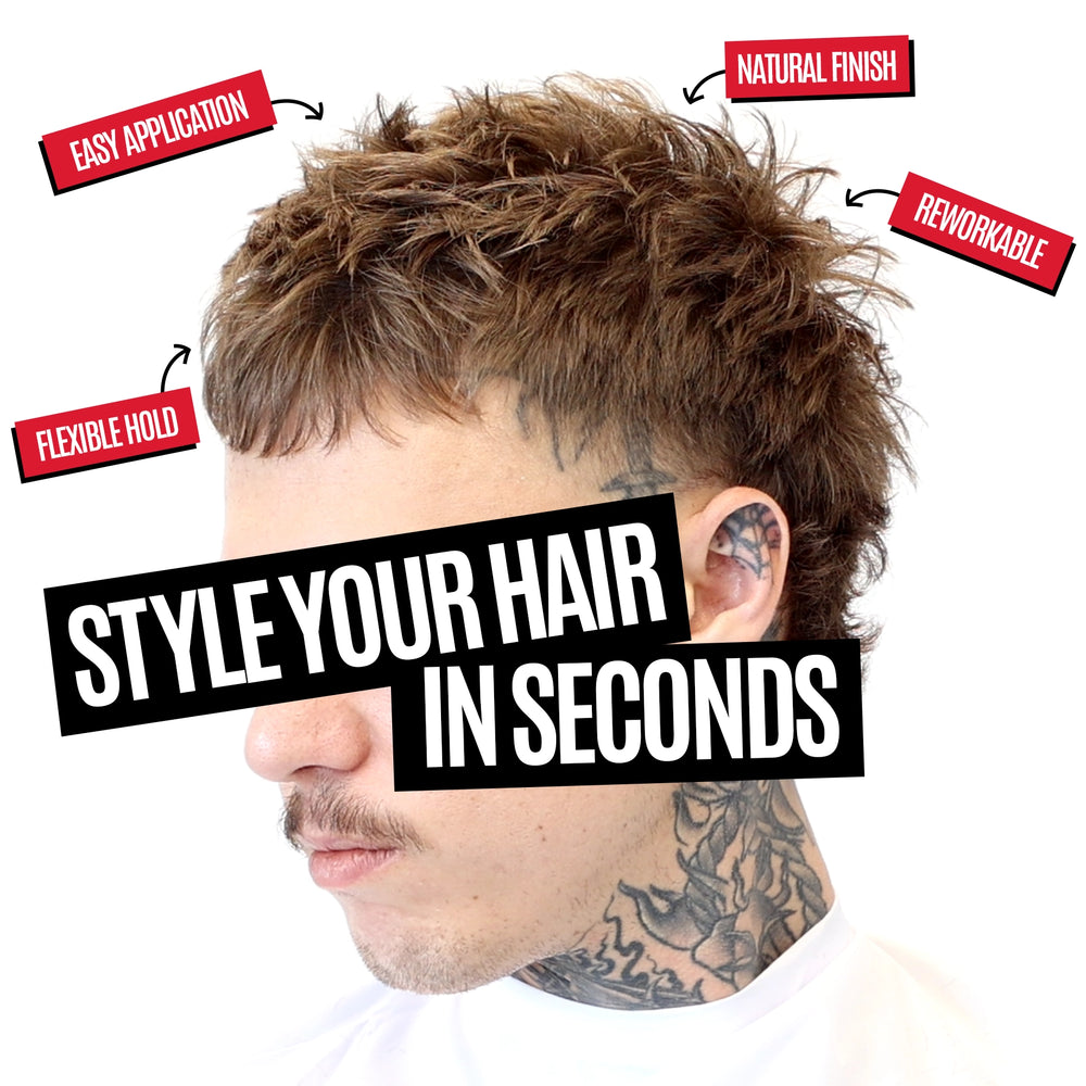 A man's side profile with styled brown hair, overlaid with text badges reading 'EASY APPLICATION', 'NATURAL FINISH', 'REWORKABLE', 'FLEXIBLE HOLD', and a large 'STYLE YOUR HAIR IN SECONDS' banner.