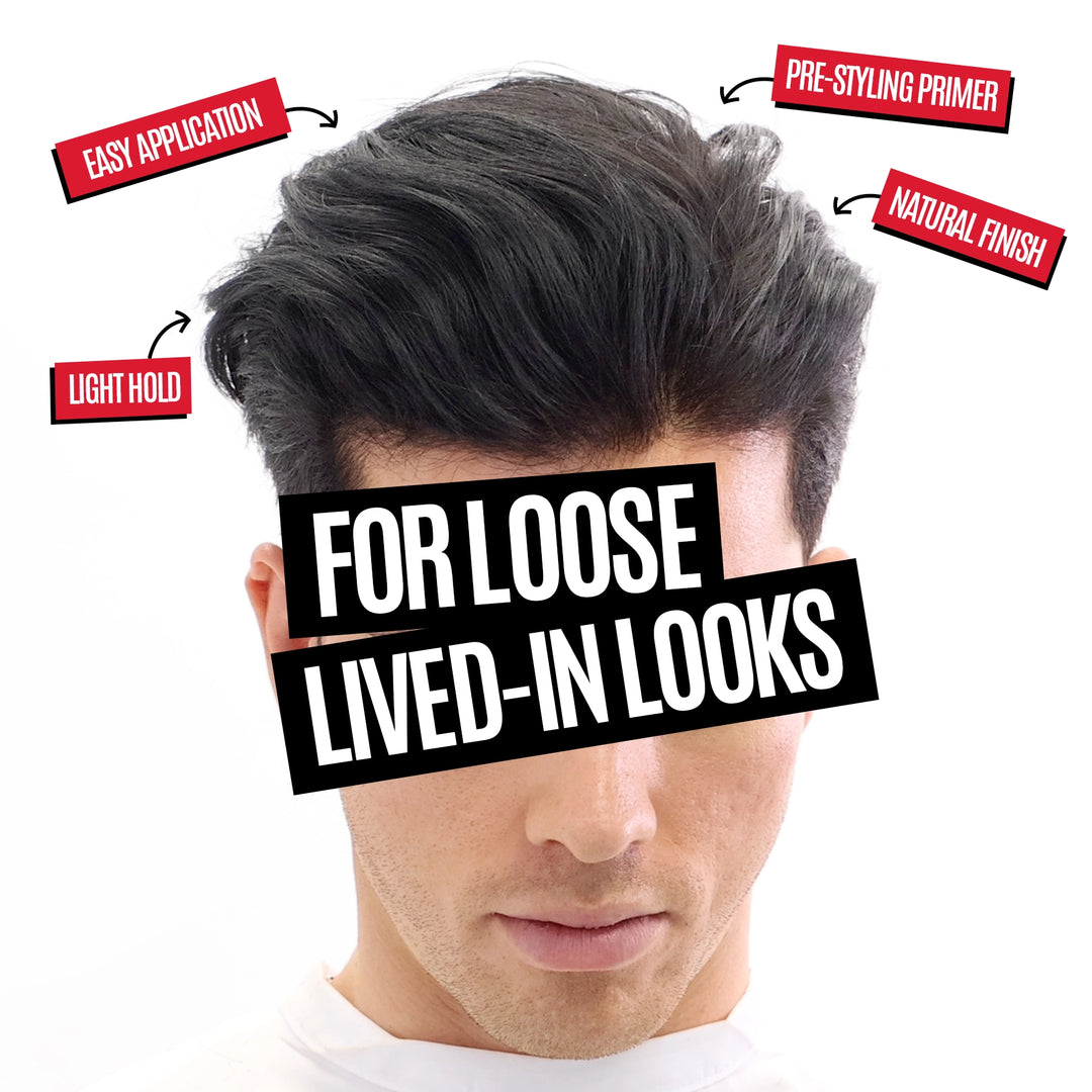 A close-up of a man's hair styled with a voluminous, light-hold look, with text callouts reading 'EASY APPLICATION,' 'LIGHT HOLD,' 'PRE-STYLING PRIMER,' 'NATURAL FINISH,' and a large overlay reading 'FOR LOOSE LIVED-IN LOOKS.'.