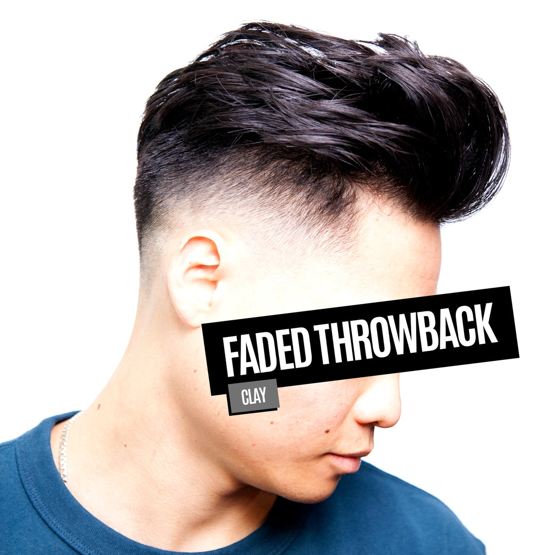 A man shown in side profile with a styled dark hair look featuring a faded undercut. A black text banner overlays his eye area reading 'FADED THROWBACK' with a small 'CLAY' tag below it, on a plain white background.