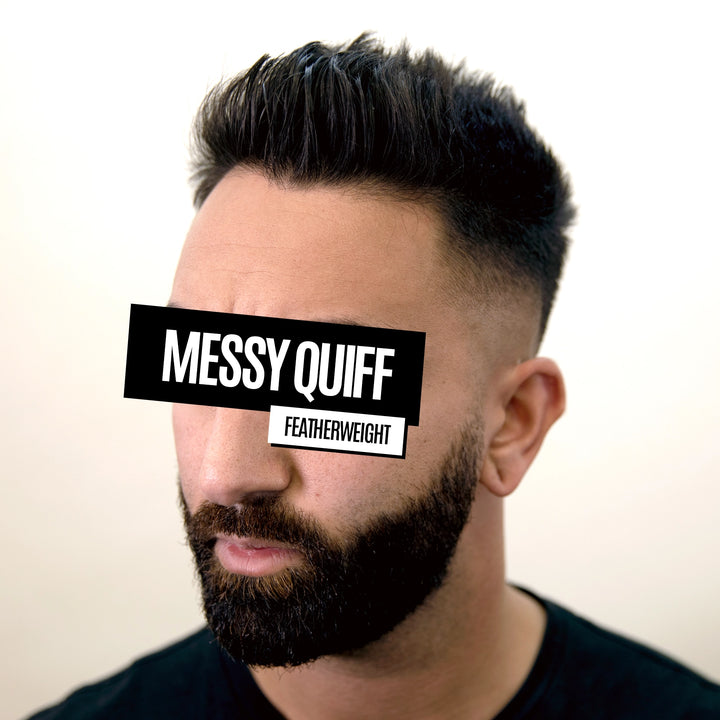A man with a dark, styled quiff hairstyle and beard, shown in profile against a plain light background. A black text box overlay reads 'MESSY QUIFF' and a smaller label reads 'FEATHERWEIGHT'.
